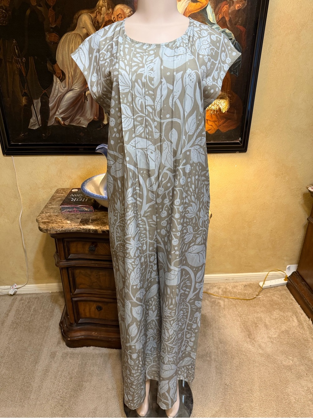 Beige Botanical Print Relaxed Wide-Leg Jumpsuit